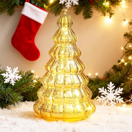 Gold Mercury Glass Christmas Tree Lamp with Timer, Battery Operated Night Light, 8.2-inch Tabletop Holiday Decor