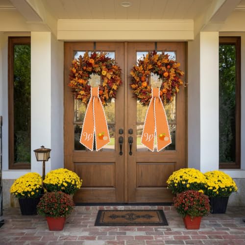 Monogrammed Fall Wreath Sash - Letter W Orange Bow Ribbon Decor (2 Pack)