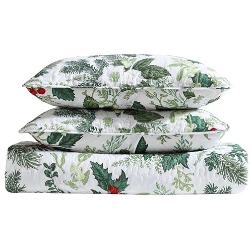 Beatrice Home Fashions Full/Queen 3-Piece Lightweight Holiday Quilt Set, Green Bouquet