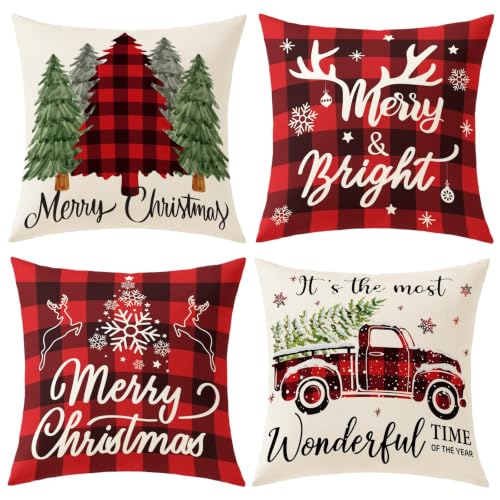 YOSICHY Set of 4 Buffalo Plaid Christmas Pillow Covers 16x16 Inches - Farmhouse Holiday Decor