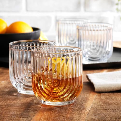 16-Piece Ribbed Glassware Set, Art Deco Highball and DOF Drinking Glasses