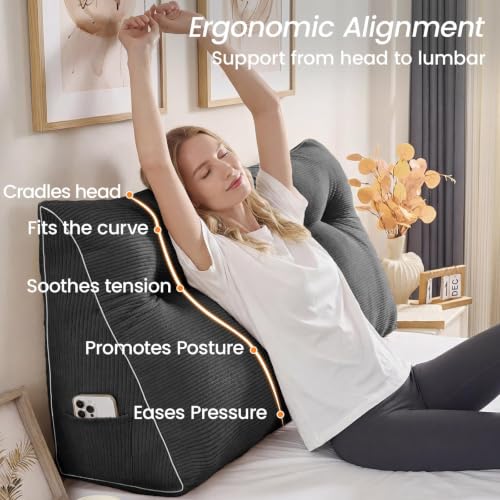 Queen Wedge Headboard Pillow - Dark Grey Backrest Cushion with Side Pockets
