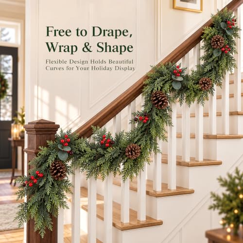 9FT Christmas Cedar Garland Real Touch Artificial Greenery DTNESS