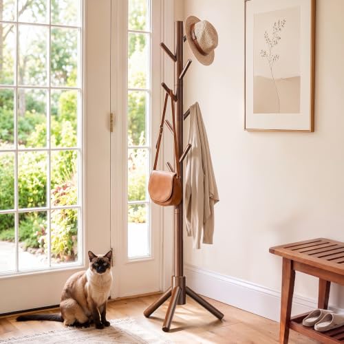Solid Wood Freestanding Coat Rack with 8 Hooks and Adjustable Height