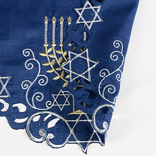 OWENIE Blue Round Hanukkah Placemats Set of 4, 15" Embroidered Menorah Holiday Table Decor