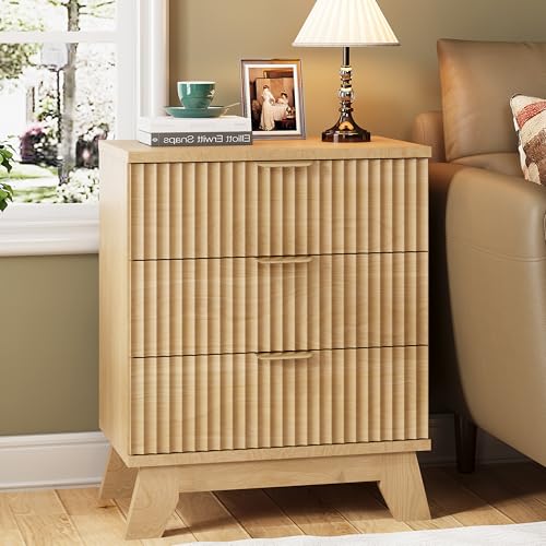 24-Inch Fluted Nightstand with 3 Drawers, Mid-Century Modern Wood End Table