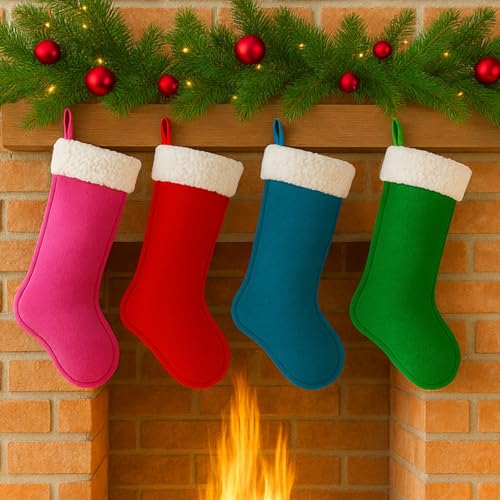 Large Navy Blue Christmas Stockings, Set of 6 Holiday Fireplace Decor