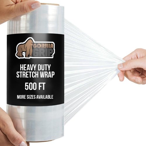 GORILLA GRIP Heavy Duty Stretch Film - 500ft Puncture Resistant Plastic Wrap for Shipping & Moving | Clear