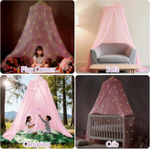 Pink Princess Bed Canopy with Glow-in-the-Dark Stars for Girls Room