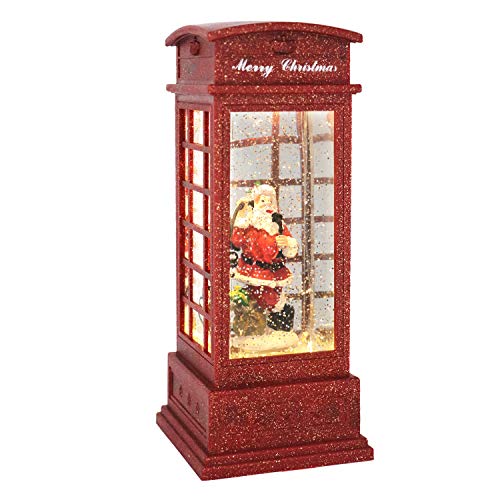 Lighted Red Phone Booth Christmas Snow Globe Lantern with Timer