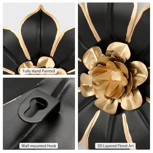 10-Inch 3D Metal Flower Wall Art, Black and Gold Floral Wall Decor