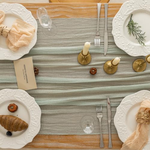Sage Green Cheesecloth Table Runner - 120 Inch Rustic Boho Gauze Decor