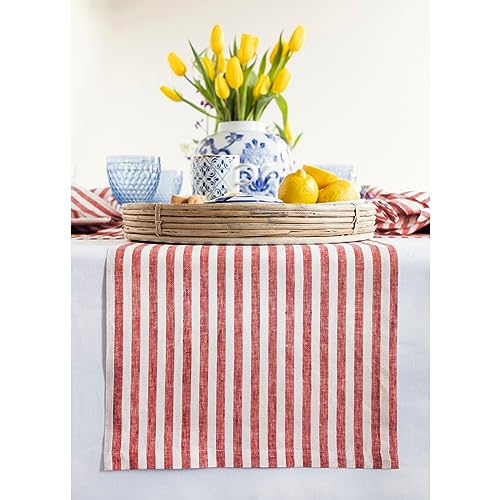 Solino Home 100% Pure European Linen Table Runner Red & White Stripe 14 x 144 in