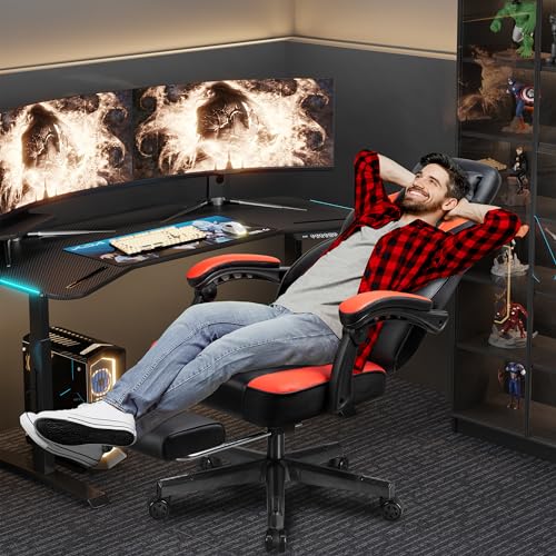 Ergonomic Gaming Chair with Retractable Footrest and Massage Lumbar Support