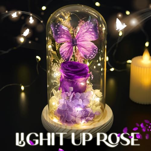 Preserved Purple Rose in Glass Dome with LED Light, Romantic Gift for Her