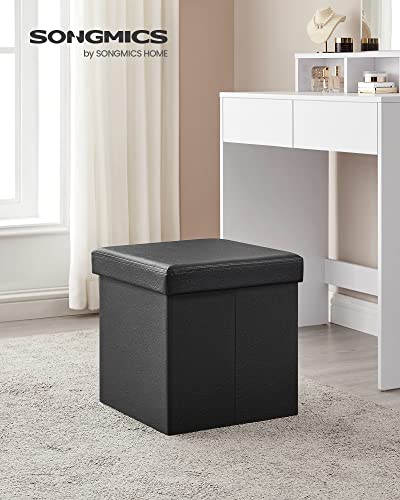 15-Inch Foldable Storage Ottoman Cube, Synthetic Leather Footstool - Black