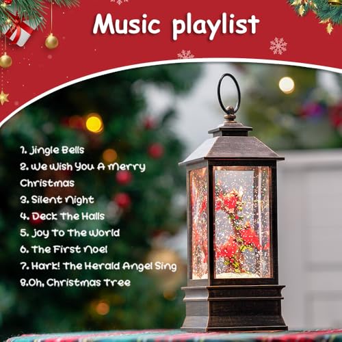 10-Inch Musical Christmas Snow Globe Lantern with Red Cardinals & Timer