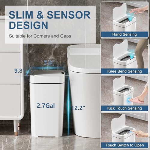 2 Pack 2.7 Gallon Smart Motion Sensor Bathroom Trash Can with Lid Slim Touchless Garbage Bin