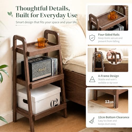 3 Tier Solid Oak Ladder Bookshelf, Compact Wood Storage Display Shelf