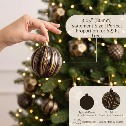 12 Pcs Christmas Tree Ornaments: 3.15" Black Gold Shatterproof