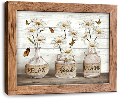 Rustic Farmhouse Bathroom Wall Art Set, Daisy Floral Canvas Prints 8x10
