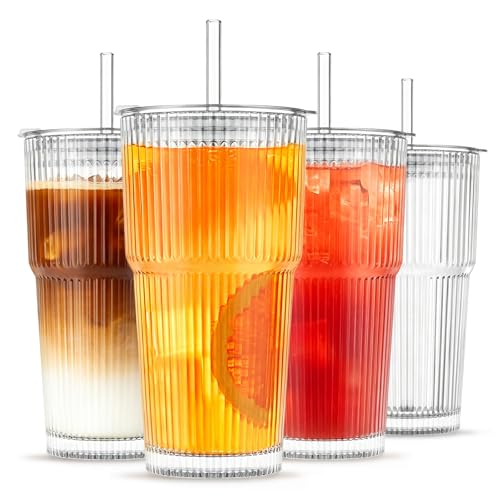 20 oz Ribbed Glass Tumblers with Lids and Straws - 4-Piece Set