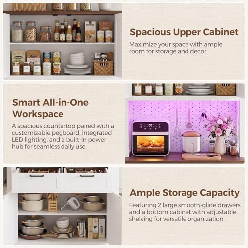 71" Tall Kitchen Pantry Cabinet with Microwave Countertop, Charging Station & LED