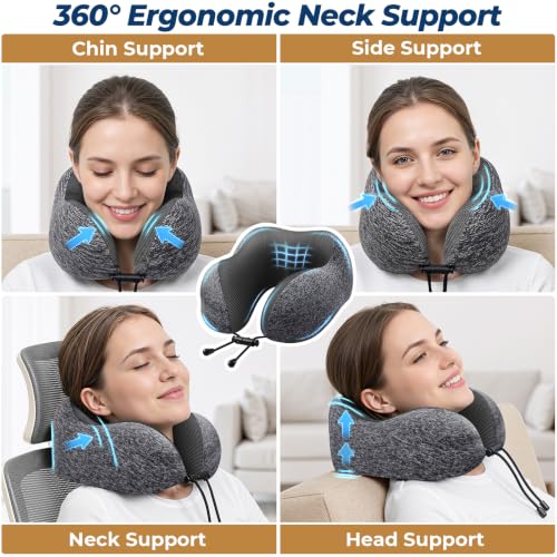 ExploreBliss Memory Foam Travel Neck Pillow Set with Eye Mask & Earplugs - Grey