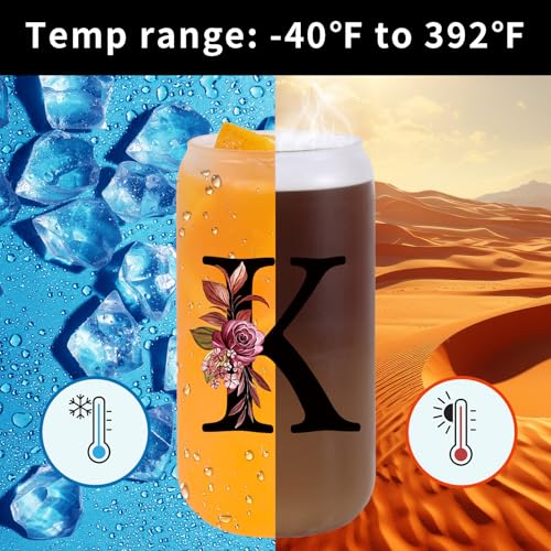 Personalized Monogrammed 16oz Glass Drinking Cup with Lid & Straw - Letter K Gift