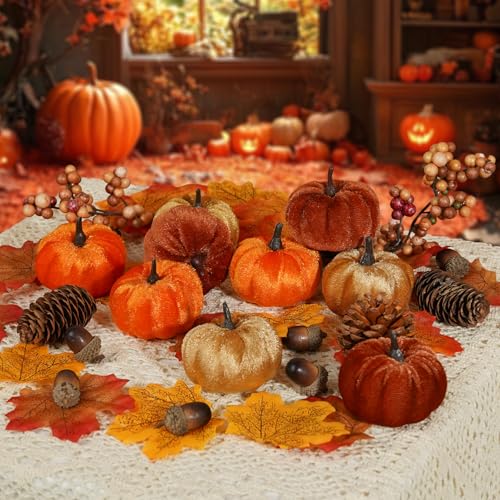 51-Piece Artificial Fall Harvest Decor Set with Pumpkins and Maple Leaves