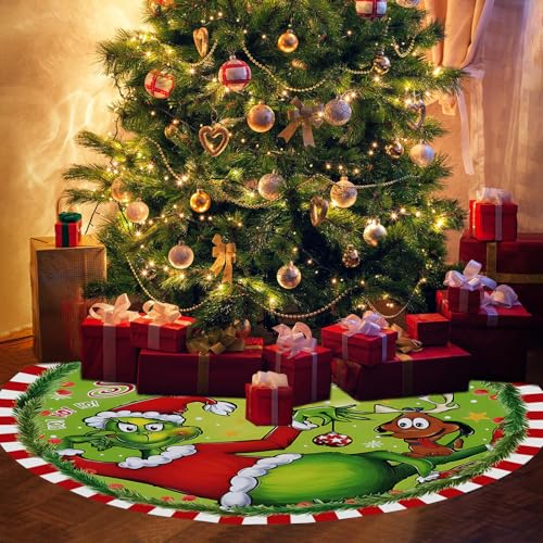 48 Inch Plush Christmas Tree Skirt - Farmhouse Decor with Red & Green Trim