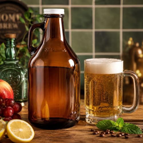 32 oz Amber Glass Growlers with Airtight Lids and Handles - 3 Pack Jugs