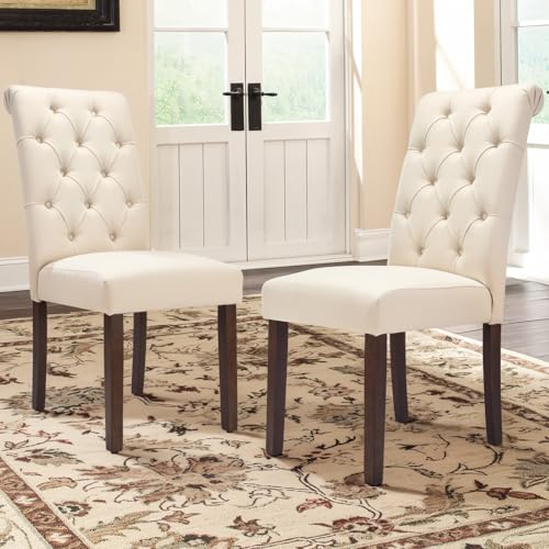 Tufted Upholstered Dining Chairs - Set of 2, Beige Linen Parsons Chairs
