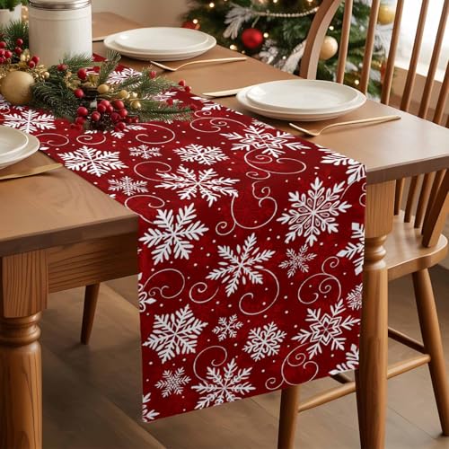 Onekaccu 13x36 Inch Red Snowflakes Table Runner for Holiday Dining Decor