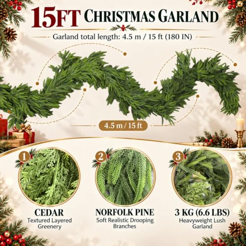 Deckit 15ft Christmas Garland with 100 LED Lights, Real-Touch PE Norfolk Pine & Cedar