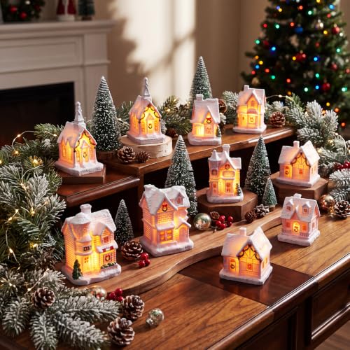 Soaoo 10 Pcs Christmas Village Houses with Figurines – Pink LED Lighted Mini Village Set