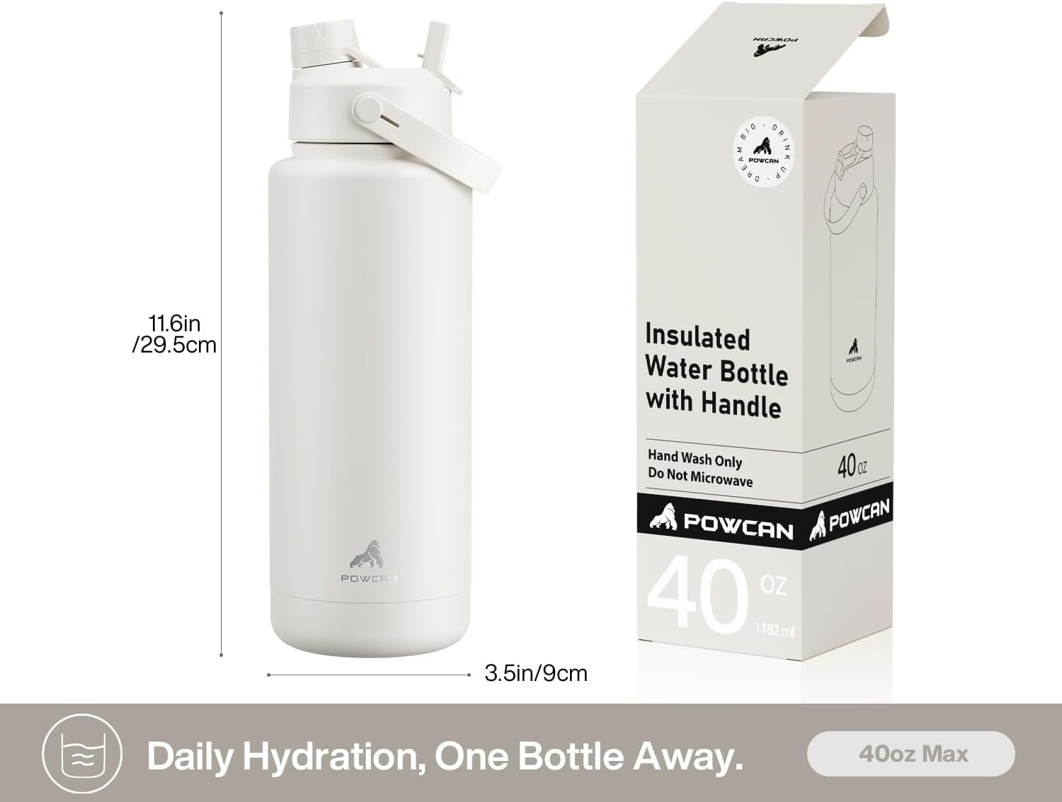 POWCAN 40 Oz Insulated Water Bottle - 2-in-1 Straw & Spout Lid, Leak-Proof, BPA-Free | Ivory Color