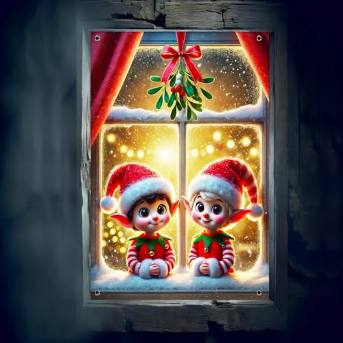 BlissYard Xmas Window Banner 31x47 Elves Twin Scene - Christmas Window Decorating Banner (Variation THIS listing: Christmas Window Banner#1)