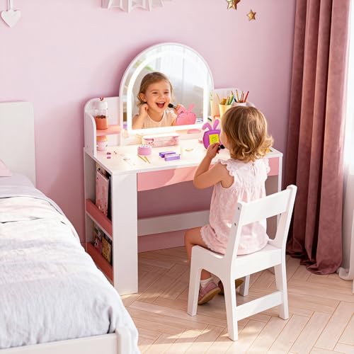 Kids Vanity Table and Chair Set with 3-Mode LED Lighted Mirror and Storage