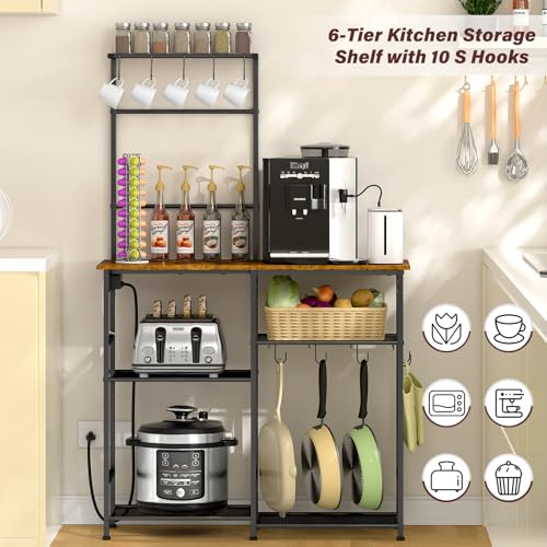 6-Tier Bakers Rack with Power Outlet, Microwave Stand, 10 Hooks - Rustic Brown