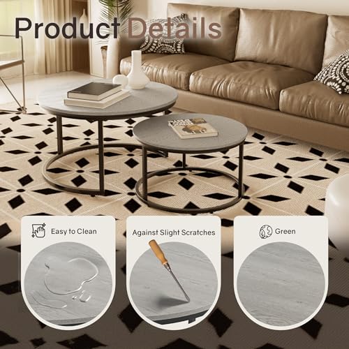 2-Piece Round Nesting Coffee Table Set, Wood Grain Accent Tables