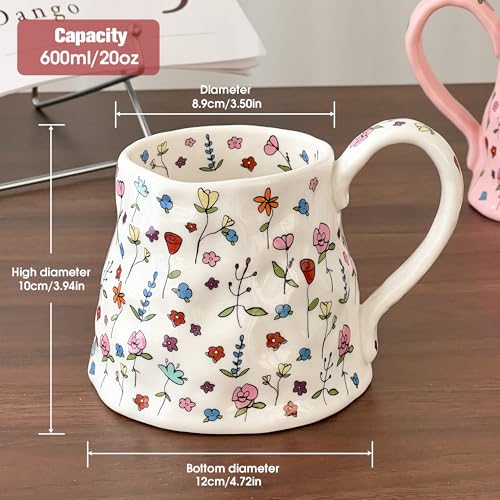 Movlen White 20oz Large Ceramic Floral Mug with Handmade Irregular Shape & Big Handle — Pink Girly Tea & Coffee Cup for Women, Mothers Day, Christmas