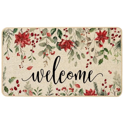 Ortiga Christmas Doormat Poinsettia Welcome Door Mat 17x29 Inches - Burlap Front 0.25" Low-Profile
