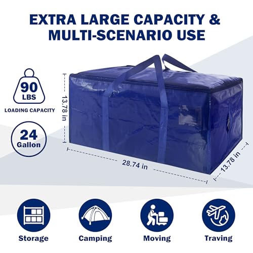 Extra Large Heavy Duty Moving Bags with Zipper and Handles, 24 Gal, Dark Blue - 8 Pack