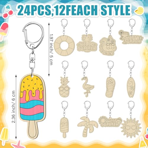 24 Pcs DIY Wooden Keychain Craft Kit - Summer Themed Party Favors