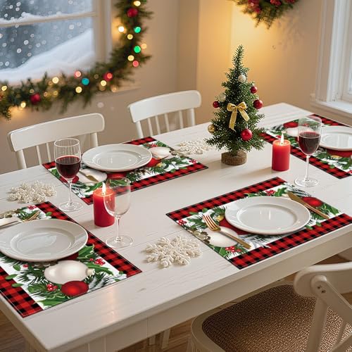 Bloss Red Christmas Placemats Set of 8 - 12x18 Inch Buffalo Check Holiday Table Decor