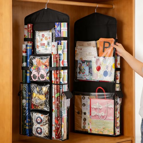 Double-Sided Hanging Wrapping Paper Organizer and Gift Bag Storage Holder