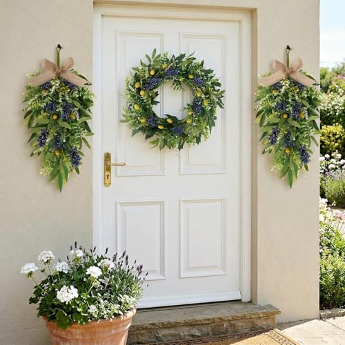 3-Piece Artificial Eucalyptus and Olive Wreath Set for Front Door Decor
