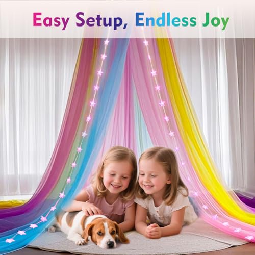 Rainbow Bed Canopy with 24 Color-Changing Star Lights & Remote Control