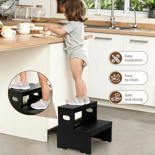 2-Step Bamboo Step Stool, Heavy Duty 450lb Capacity for Adults and Kids